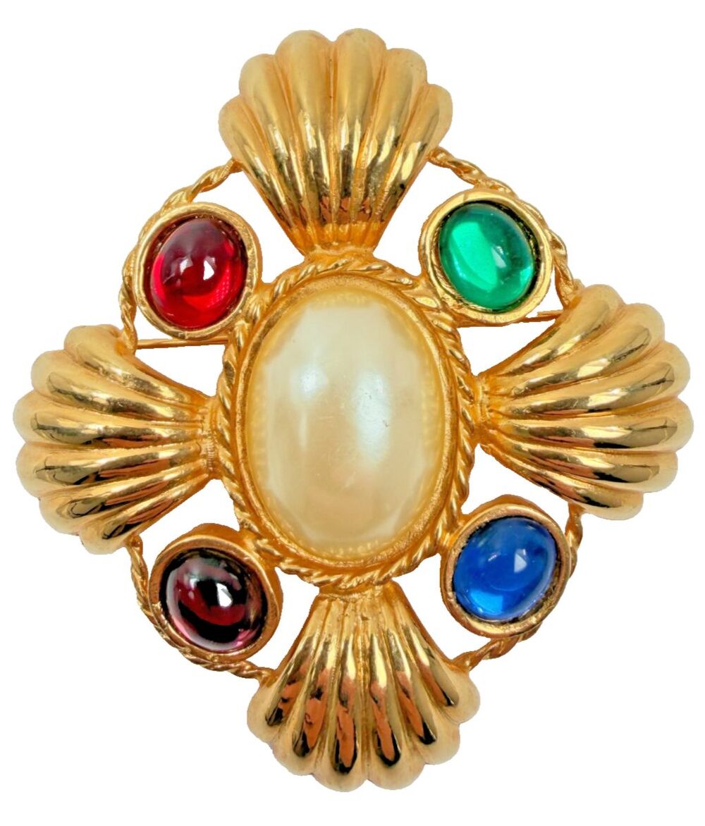 Vintage 80s Maltese Cross Statement Brooch Gold Tone Pearl Jewel Tone Pin